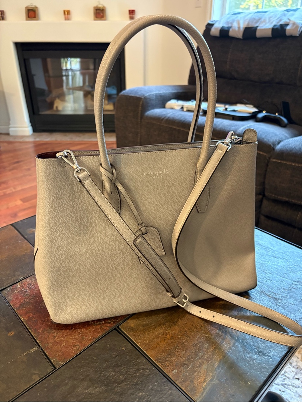 kate spade Pebbled Leather Tote in Light Gray with Detachable Strap
